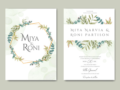 Beautiful floral wedding invitation card with golden frame background beauty bouquet bridal card celebrate eucalyptus floral flower frame illustration invitation leaf love mariage savethedate template watercolor wedding wreath