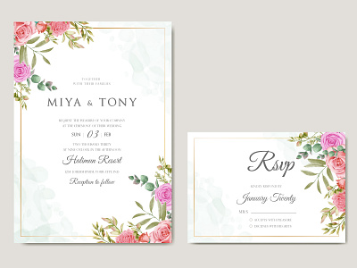 Romantic wedding invitation with vintage flowers and gold frame