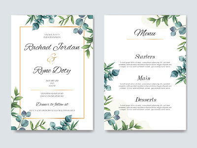 Wedding invitation and menu template with beautiful leaves background beauty bouquet bridal card celebrate eucalyptus floral flower frame illustration invitation leaf love mariage menu template watercolor wedding wreath