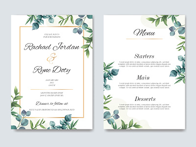 Wedding invitation and menu template with beautiful leaves