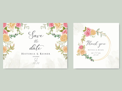 Wedding invitation card with colourful floral and leaf