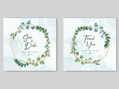 Wedding invitation template with watercolor floral on gold frame