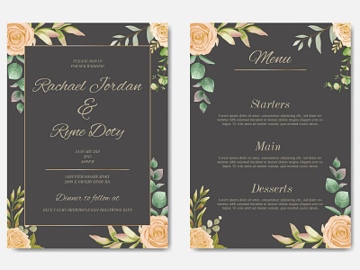 Wedding invitation template with floral ornament and gold frame