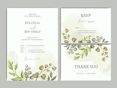 Beautiful wedding invitation template with leaves background set background beauty bouquet card celebrate engagement eucalyptus floral flower frame illustration invitation leaf love mariage savethedate template watercolor wedding wreath