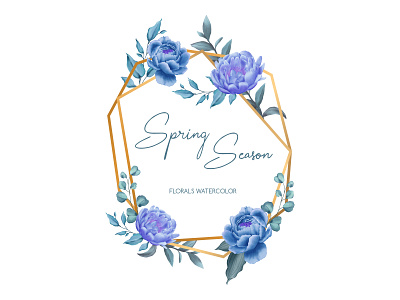 Golden frame spring season with blue rose and violet peoni