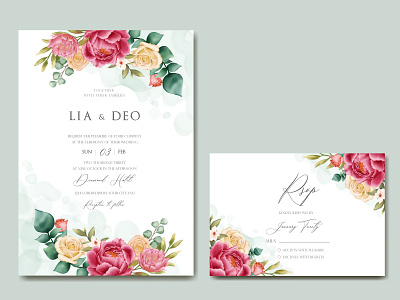 Wedding invitation card template with watercolor flower frame