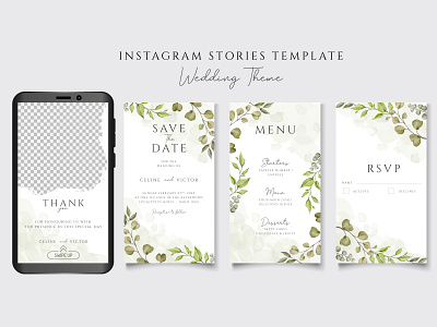 Instagram stories template for wedding invitation leaves theme background bouquet card engagement floral flower frame illustration instagram instagram post instagram stories instagram template invitation leaf love mariage social media watercolor wedding wreath