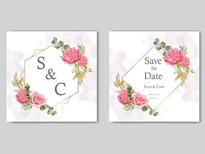 Watercolor floral wedding invitation template with golden frame