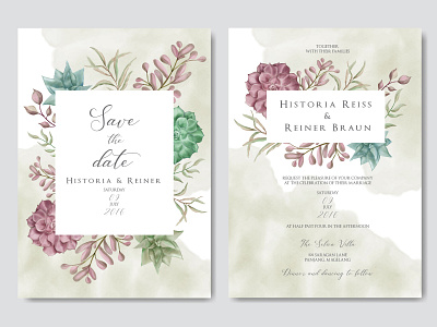 Romantic wedding invitation with colorful floral and leaves abstract background bouquet card celebrate engagement floral flower frame illustration invitation leaf love mariage savethedate succulent template watercolor wedding wreath