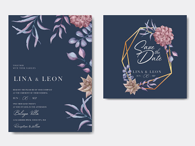 Romantic wedding invitation with floral ornament and gold frame