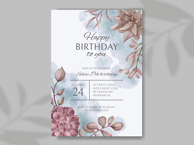 Happy birthday party invitation card with floral background background beauty birthday birthday card bouquet card celebrate floral flower frame gift happy birthday illustration invitation leaf love party template watercolor wreath