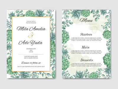 Beautiful wedding invitation card template set with floral frame abstract background beauty bouquet card celebrate engagement floral flower frame illustration invitation leaf love mariage succulent template watercolor wedding wreath