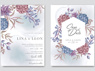 Beautiful wedding invitation card template with floral succulent