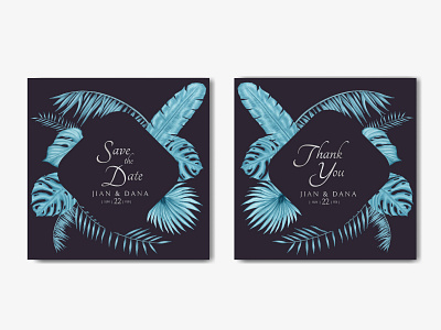 Beautiful wedding invitation card template with tropical leaves