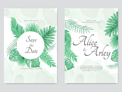 Summer wedding invitation template with tropical leaves theme