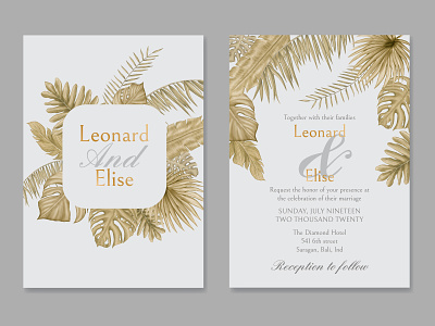 Watercolor tropical leaves ornament on wedding invitation card