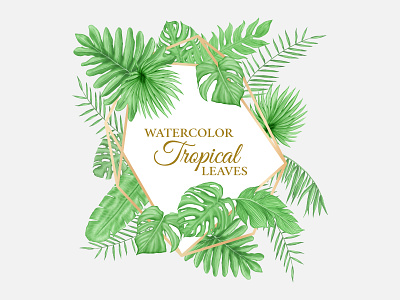 Watercolor summer tropical leaves frame background