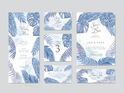 Blue exotic tropical leaves frame wedding invitation template background card engagement exotic floral frame illustration invitation leaf leaves love mariage monstera palm plant summer template tropical watercolor wedding