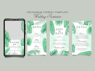 Instagram stories template for wedding invitation tropical leaf background floral frame illustration instagram instagram stories invitation leaf leaves monstera photo plant share social media summer swipe up template tropical watercolor wedding