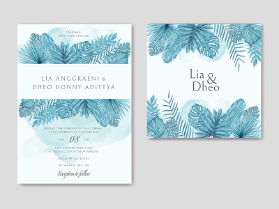 Beautiful wedding invitation card template with tropical leaves background card engagement exotic floral frame illustration invitation leaf leaves love mariage monstera palm plant summer template tropical watercolor wedding