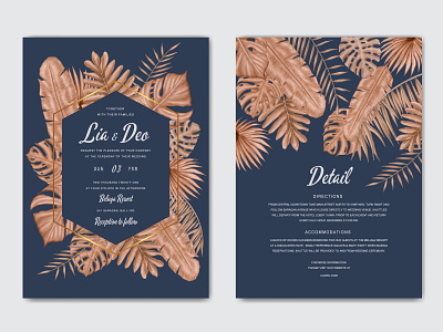 Summer wedding invitation template with tropical leaves