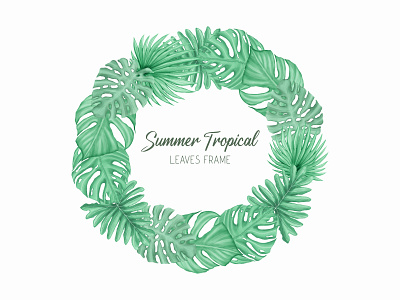 Summer tropical leaves frame with watercolor style background card exotic floral frame holiday illustration invitation leaf leaves monstera palm plant poster summer template tropical wallpaper watercolor wedding