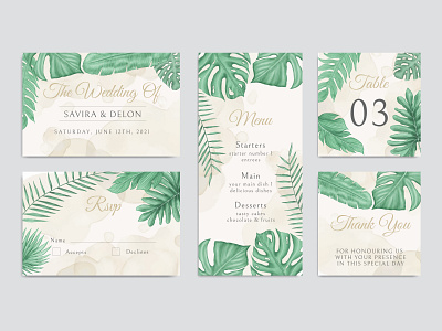 Wedding invitation card template set with tropical floral bundle