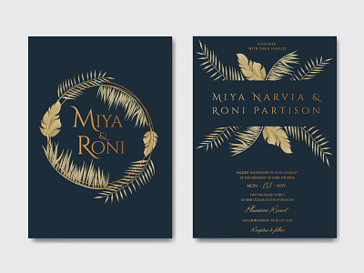 Romantic wedding invitation template with tropical leaves