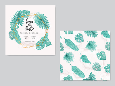 Wedding invitation card with tropical leaves seamless pattern background card design engagement floral illustration invitation leaf leaves marriage pattern plant save the date seamless stationery summer template tropical watercolor wedding