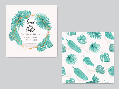 Wedding invitation card with tropical leaves seamless pattern
