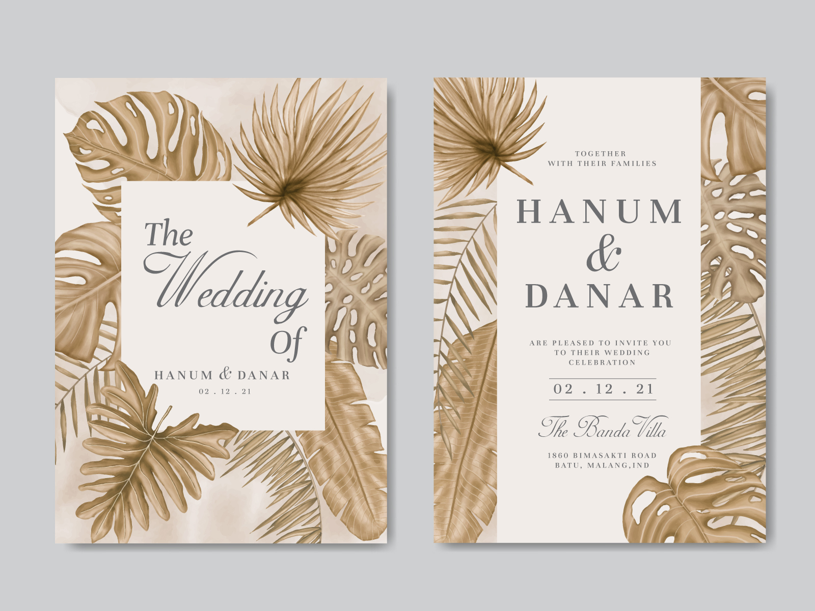 Vintage wedding invitation card with tropical leaves background by ...