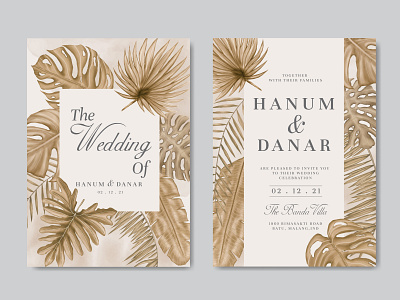 Vintage wedding invitation card with tropical leaves background background card design engagement floral frame illustration invitation leaf leaves marriage party plant save the date stationery summer template tropical watercolor wedding