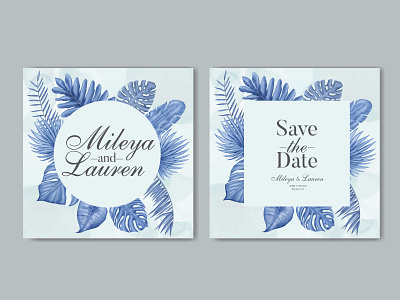 Blue watercolor tropical leaves wedding invitation card template background card design engagement floral frame illustration invitation leaf leaves marriage party plant save the date stationery summer template tropical watercolor wedding