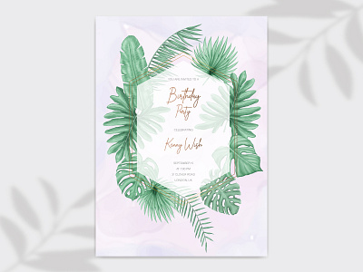 Happy birthday party invitation card with tropical leaves frame anniversary background banner birth birthday card celebration confetti event festive floral gift greeting happy birthday holiday invitation party poster template watercolor