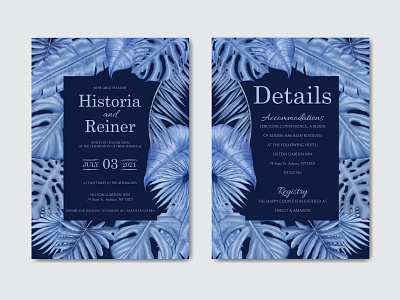 Romantic wedding invitation template with tropical blue leaves