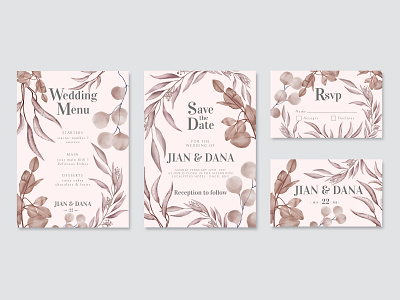 Beautiful watercolor leaf wedding invitation template pack background card celebrate engagement floral flower frame hand drawn illustration invitation leaf love marriage menu pack rsvp save the date template watercolor wedding