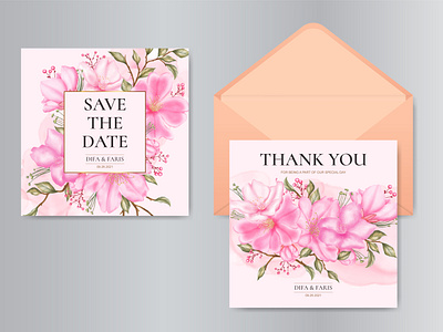 Watercolor cherry blossom floral and leaves wedding card set