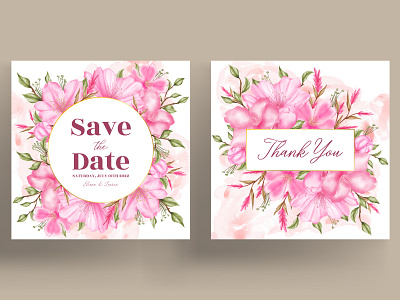 Wedding invitation cards template with watercolor cherry blossom