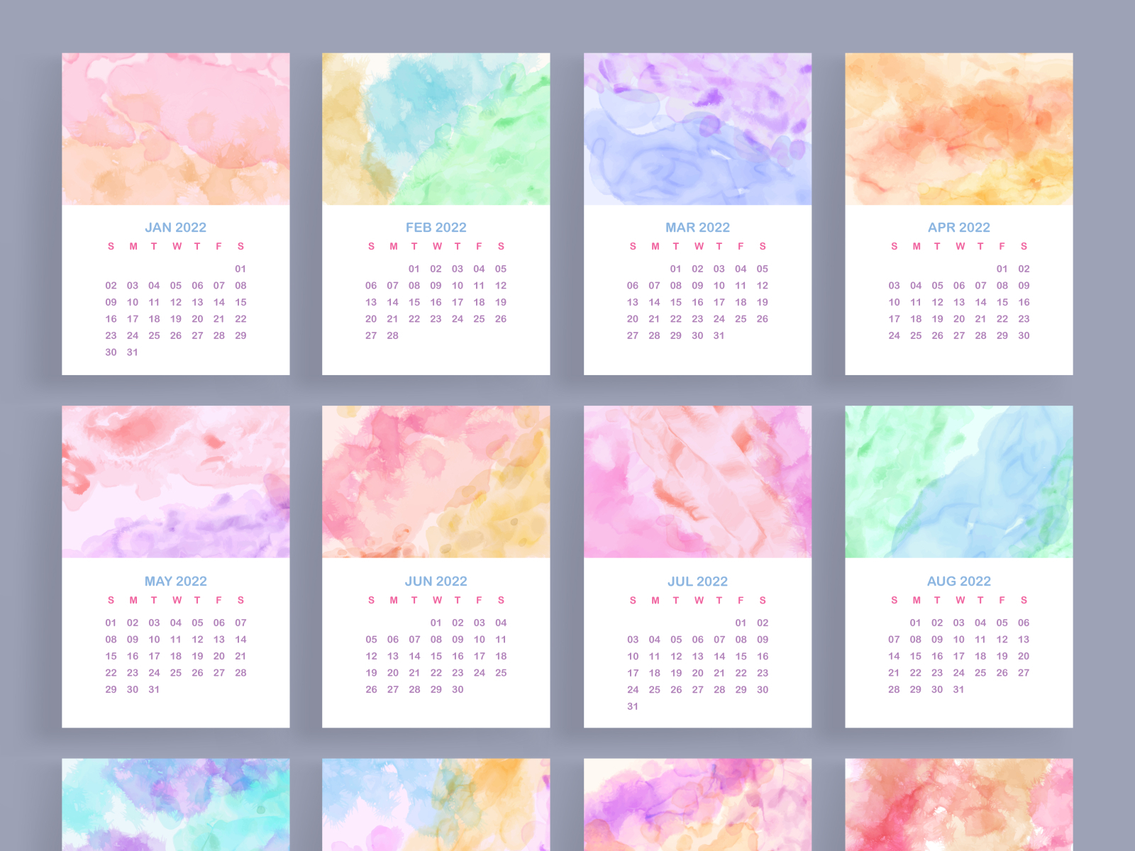 Colorful abstract watercolor 2022 calendar template by Dheo Donny