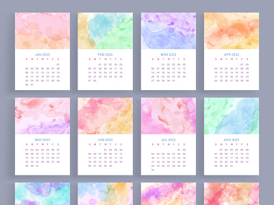 Colorful abstract watercolor 2022 calendar template