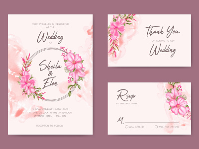 Set of watercolor cherry blossom wedding invitation template