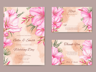 Vintage watercolor cherry blossom wedding invitation card set background