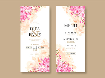 Romantic watercolor cherry blossom wedding menu card set abstract