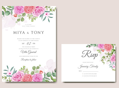 Wedding invitation card with colourful floral leaves background beauty bundle card eucalyptus floral frame illustration invitation leaf leaves pink rose rsvp template watercolor wedding wedding card wedding invitation wreath