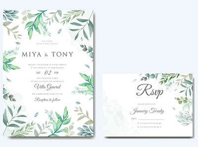 Wedding invitation & reservation card with leaves bundle background beauty bouquet bridal bundle card celebrate eucalyptus floral frame green illustration invitation leaf leaves mariage set watercolor wedding wreath