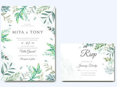 Wedding invitation & reservation card with leaves bundle