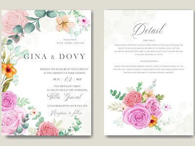 Wedding invitation card with colourful floral and leaves background beauty bridal bundle card eucalyptus floral frame green illustration illustrator invitation invite leaf leaves mariage rose template watercolor wedding