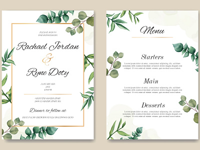 Romantic wedding invitation & menu template background beauty blossom bridal bundle card celebrate eucalyptus floral flower frame green illustration invitation leaf leaves mariage watercolor wedding wreath