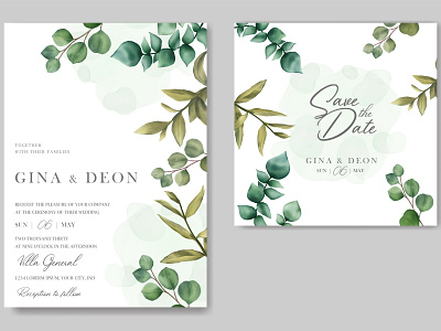 Beautiful wedding invitation with save date card background beauty bridal bundle card celebrate eucalyptus floral frame green illustration invitation leaf leaves mariage savethedate set watercolor wedding wreath