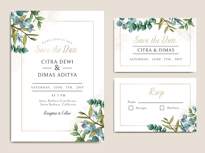 Vintage wedding invitation card with leaves bundle background beauty bundle card celebrate eucalyptus floral frame green illustration invitation leaf leaves rsvp savethedate set template watercolor wedding wreath